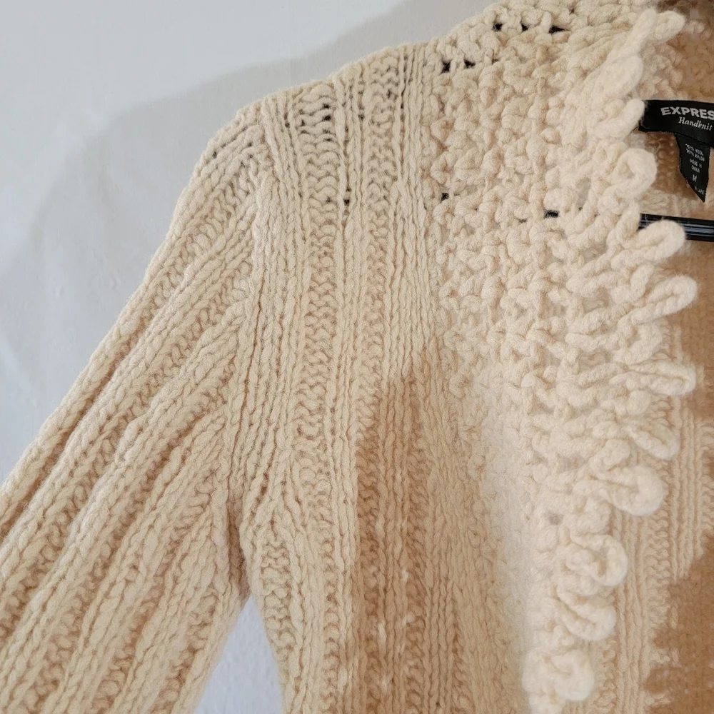 VTG EXPRESS Handknit Tan Wool Blend Cardigan M Eyelet Y2K Cottagecore Festival